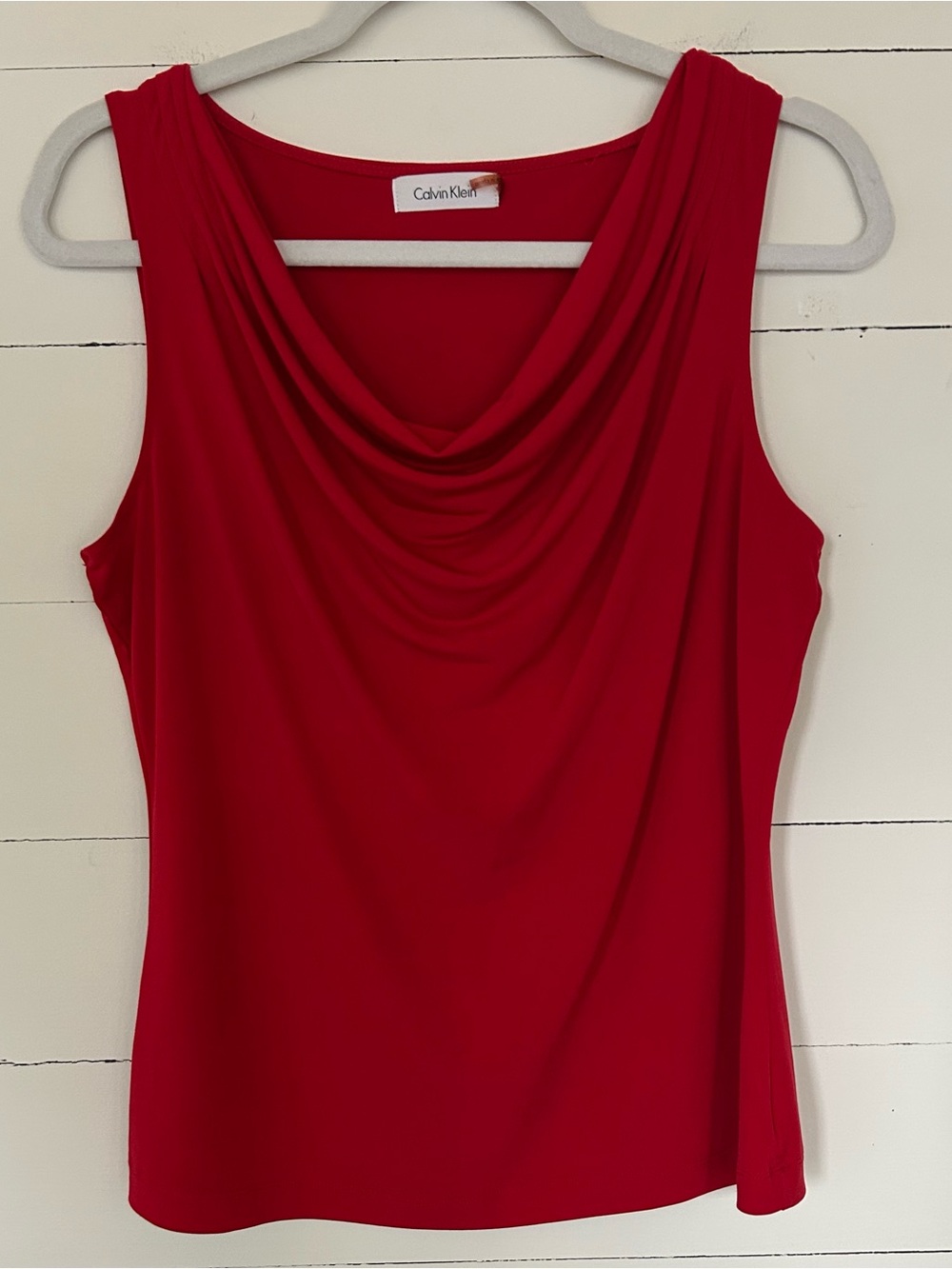 Calvin Klein Red Draped Cowl Neck Sleeveless Camisole, Size Large.